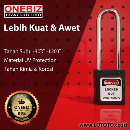 ONEBIZ Long Shackle Safety Padlock Black OB 14-BDG25 Thermoplastic Safety Padlock