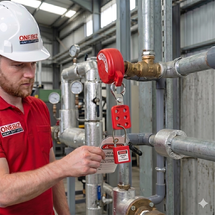 Seorang operator mesin menggunakan helm safety sedang memeriksa lockout tagout berupa gembok merah dan label peringatan 'do not operate' pada gate valve untuk isolasi energi
