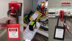 Berbagai jenis peralatan LOTO kelistrikan seperti circuit breaker lockout dan plug lockout