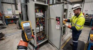Teknisi mengecek tegangan panel listrik menggunakan multimeter digital untuk verifikasi LOTO