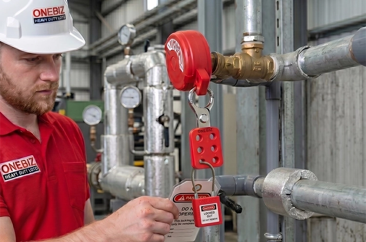 Teknisi memasang valve loto pada gate valve